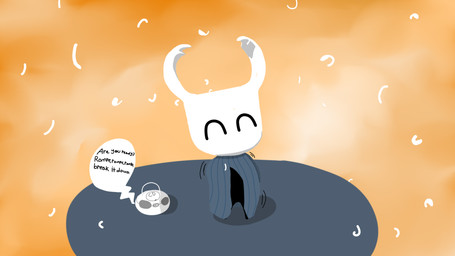2_horns ambiguous_gender anthro black_body black_legs blue_cloak blue_clothing cd_player cloak clothing dancing happy horn motion_lines mouthless orange_background simple_background solo text white_horn bull3t hollow_knight_(franchise) team_cherry the_knight_(hollow_knight) arthropod vessel_(species) 16:9 4k absurd_res english_text hi_res spanish_text widescreen