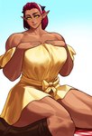 big_breasts breasts clothed clothing dress ear_piercing female hair kneeling pecs pecs_with_breasts piercing red_hair solo thick_thighs sotcho elf humanoid absurd_res hi_res