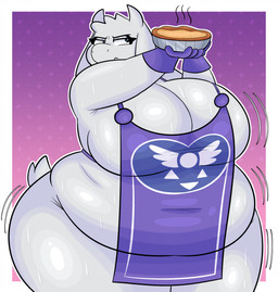 anthro apron belly big_belly big_breasts blue_eyes bodily_fluids border breasts clothing eyelashes female food gloves hair handwear holding_food holding_object horn huge_belly huge_breasts huge_thighs mature_anthro mature_female motion_lines navel_outline obese obese_anthro obese_female overweight overweight_anthro overweight_female pie_(food) purple_apron purple_background purple_clothing purple_gloves purple_handwear simple_background solo sweat sweaty_belly sweaty_breasts sweaty_legs sweaty_thighs thick_thighs three-quarter_view white_body white_border white_ears white_hair white_horn blitzyflair undertale_(series) toriel bovid caprine goat mammal 2025 colored digital_media_(artwork) hi_res portrait shaded three-quarter_portrait