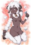 anthro bell biped blush breasts brown_body brown_eyes brown_skin collar female fur genitals hair hooves horn kneeling looking_at_viewer navel nipples nude open_mouth pussy razor simple_background small_breasts solo tools white_hair wool_(fur) kure bovid caprine domestic_sheep mammal sheep 2015 hi_res