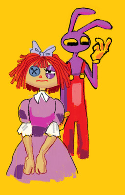 accessory alternative_fashion anthro big_pupils black_eyes blue_clothing blue_dress bow_ribbon button_(fastener) clothing dilated_pupils doll dress duo eyelashes female fur gloves hair hair_accessory hair_bow hair_ribbon half-closed_eyes handwear j-fashion lolita_(fashion) long_ears male narrowed_eyes pupils purple_body purple_ears purple_fur rag_doll_(toy) red_hair red_nose ribbons short_hair simple_background sweet_lolita tan_body teeth yellow_background yellow_clothing yellow_gloves yellow_handwear yellow_sclera yellow_teeth light-koe-pinsky glitch_productions the_amazing_digital_circus jax_(tadc) ragatha_(tadc) animate_inanimate lagomorph leporid living_doll living_toy mammal rabbit hi_res