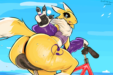 ambiguous_gender anthro arm_warmers armwear bicycle big_butt black_sclera blep blue_eyes blue_sky bodily_fluids bottom_heavy butt clothing crop_top double_tomoe fur huge_butt looking_at_viewer looking_back looking_back_at_viewer neck_tuft riding_bike shirt sky solo sweat sweaty_butt thick_thighs tomoe_(symbol) tongue tongue_out topwear tuft vehicle yellow_body yellow_fur uromatsu bandai_namco digimon digimon_(species) renamon hi_res