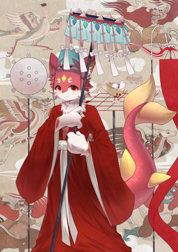 anthro clothing fish_tail male red_body red_clothing robe solo yellow_eyes lalamedli aquatic fish absurd_res hi_res