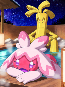 ambiguous_gender blush butt duo eyelashes fangs female golden_body hair hot_spring long_eyelashes looking_at_butt looking_at_viewer night open_mouth pink_body pink_hair plant purple_eyes rock shooting_star sky star starry_sky steam teeth tree water yellow_eyes pocklekorpokkur nintendo pokemon generation_9_pokemon gholdengo humanoid pokemon_(species) tinkaton 2025 3:4
