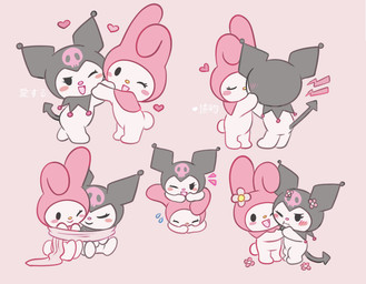 anthro blush bone chibi clothing cuddling duo erect_tail eyelashes female female/female flower fool's_hat hand_holding happy hat headgear headwear heart_symbol hood kissing looking_at_viewer one_eye_closed open_mouth pink_background plant pouting scut_tail semi-anthro short_tail simple_background sitting skull smile spade_tail tail text wink winking_at_viewer panicpuppy onegai_my_melody sanrio kuromi my_melody demon lagomorph leporid mammal rabbit digital_drawing_(artwork) digital_media_(artwork) japanese_text