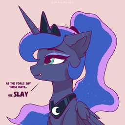 alternate_hairstyle blue_body blue_eyes blue_eyeshadow blue_fur eyebrows eyelashes eyeshadow female feral fur hair horn jewelry makeup necklace ponytail solo text wings nnalyart friendship_is_magic hasbro my_little_pony mythology princess_luna_(mlp) equid equine mammal mythological_creature mythological_equine winged_unicorn 1:1 absurd_res english_text hi_res