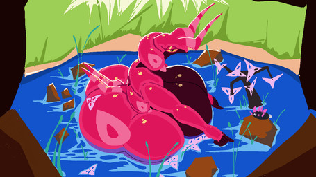 anthro big_breasts breasts cherry_blossom female flower half-closed_eyes huge_breasts huge_thighs looking_at_viewer narrowed_eyes partially_submerged plant prunus_(flower) reeds rock solo thick_thighs water nerobero0 nintendo pokemon generation_5_pokemon generation_7_pokemon pokemon_(species) pyukumuku scolipede
