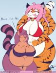 anthro belly big_belly big_breasts bikini bodily_noises breasts clothed clothing duo female female_anthro female_pred female_prey fur gargling imminent_vore navel onomatopoeia overweight rumbling_stomach size_difference sound_effects swimwear text two-piece_swimsuit nekocrispy felid mammal pantherine tiger digital_media_(artwork) english_text