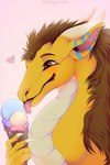 ambiguous_gender brown_eyes brown_mane dessert feral food glistening glistening_eyes heart_symbol holding_food holding_ice_cream holding_object ice_cream licking_ice_cream mane mouth_closed pink_background pink_tongue scales simple_background solo tongue tongue_out white_body white_scales yellow_body santanahoffman mythology dragon mythological_creature mythological_scalie scalie 2:3 absurd_res hi_res