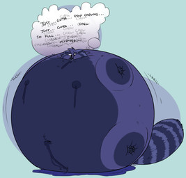 anthro belly belly_expansion berry_juice beverage big_belly blue_body blue_fur blueberry_inflation blueberry_juice bodily_fluids body_inflation chewing expansion expansion_sound_effect fur huge_belly hyper hyper_belly hyper_inflation immobile inflation inner_monologue juice_(beverage) lactating lactating_juice leaking leaking_juice male male_lactation markings motion_lines navel nipples nude overwhelmed ring_(marking) ringed_tail solo spherical_inflation striped_markings striped_tail stripes swollen_cheeks tail tail_markings text thinking thought_bubble unusual_bodily_fluids unusual_lactation vanillayote canid canine mammal raccoon_dog tanuki 2023 english_text hi_res