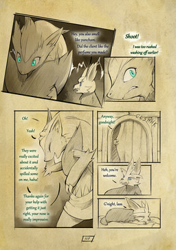 anthro biped claws cloud dialogue eyes_closed fangs feral finger_claws fur furniture green_eyes hair inside long_hair nervous open_mouth quadruped sleeping table tail teeth text truescorn nintendo pokemon pokemon_mystery_dungeon shadows_for_hire spike_chunsoft clarity_(truescorn) snuff_(truescorn) generation_5_pokemon herdier pokemon_(species) zoroark 2025 comic english_text hi_res