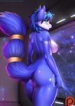 2017 accessory anthro big_breasts black_nose blue_body blue_eyes blue_fur blue_hair blush breasts butt canid canine dipstick_tail doomthewolf english_text female fox fur furgonomics hair hair_accessory hairband hi_res krystal_(star_fox) looking_back mammal markings multicolored_tail nintendo nipples nude raised_tail science_fiction short_hair side_boob solo space star_fox tail tail_accessory tail_markings tailband tattoo text thick_thighs tribal tribal_markings url white_body white_fur wide_hips window