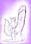 anthro balls big_penis bodily_fluids cum drooling ejaculation fluffy fluffy_tail fur genital_fluids genitals gynomorph holding_penis huge_penis hyper hyper_genitalia hyper_penis intersex kneeling neck_tuft penis saliva saliva_on_tongue simple_background solo tail tongue tongue_out tuft vein shadowhide canid canine canis mammal wolf hi_res