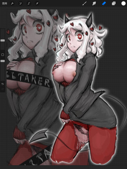 art_program_in_frame big_breasts bodily_fluids bottomwear breasts cleavage_cutout clothed clothing clothing_lift cutout female genital_fluids genitals grey_clothing grey_topwear hair hand_on_breast heart_eyes heart_symbol horn leggings legwear nipple_slip nipples pubes red_bottomwear red_clothing red_eyes simple_background skirt skirt_lift solo spade_tail standing tail text three-quarter_view topwear torn_clothing torn_leggings torn_legwear vaginal_fluids vulva white_hair unknown_artist helltaker modeus_(helltaker) humanoid absurd_res chinese_text digital_media_(artwork) english_text hi_res translated