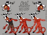 anthro bottomwear clothed clothing grey_background hair male nude pants red_body red_skin shirt simple_background solo text topwear white_hair puppy_meats helluva_boss croc_(rottingxrooster) fan_character demon imp english_text hi_res model_sheet story story_in_description