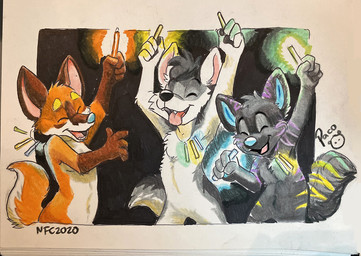 anthro black_background black_nose blue_nose eyes_closed fangs featureless_crotch fur gloves_(marking) glowstick grey_body grey_fur group happy head_tuft logo male markings nude open_mouth open_smile orange_body orange_fur simple_background smile standing striped_arms striped_markings striped_tail stripes tail tail_markings teeth tongue tongue_out trio tuft white_body white_fur young young_anthro young_male pandapaco canid canine mammal 2020 artist_logo dated signature