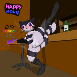 alcohol anthro beverage blush boots boots_only clothing drunk female footwear footwear_only fur furniture genitals high_heeled_boots high_heels mostly_nude musk pawpads paws raised_leg red_eyes shoes solo stool striped_body striped_fur stripes substance_intoxication text thick_thighs vulva tesla_arts nintendo pokemon tesla_furret furret generation_2_pokemon pokemon_(species) 1:1 english_text hi_res