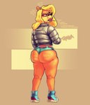 2024 activision annoyed anthro bandicoot belt big_butt black_eyebrows black_nose blonde_hair blue_bottomwear blue_clothing blue_footwear blue_shoes blue_shorts bottomwear butt character_name cigarette cigarette_in_mouth clothed clothed_anthro clothed_female clothing crash_bandicoot_(series) cross-popping_vein cutoffs daisy_dukes dated denim denim_bottomwear denim_clothing dialogue eyebrows female female_anthro footwear fur green_eyes grey_clothing grey_jacket grey_topwear hair head_turned hi_res high_top_sneakers hotpants jacket lips long_ears long_sleeves looking_back mammal marsupial multicolored_clothing multicolored_footwear multicolored_shoes object_in_mouth orange_body orange_ears orange_fur partial_speech_bubble pink_belt pink_lips puffer_jacket raised_eyebrow rear_view red_clothing red_footwear red_shoes shoes shorts signature simple_background sixsidesofmyhead skindentation sneakers snout solo tan_background tan_text tawna_bandicoot text text_on_clothing text_on_jacket text_on_topwear thick_lips topwear white_clothing white_footwear white_shoes white_text