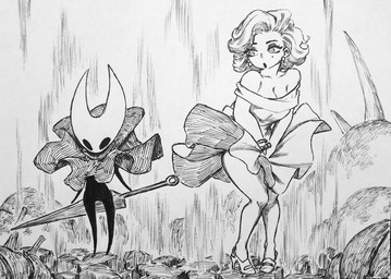 black_body black_legs breasts cleavage cloak clothed clothing collarbone dress duo eyebrows eyelashes female footwear hair high_heels hornet's_needle larger_female larger_human looking_at_another shoes size_difference updraft starbind_s hollow_knight:_silksong hollow_knight_(franchise) team_cherry hornet_(hollow_knight) marilyn_monroe arthropod human mammal absurd_res crossover hi_res monochrome