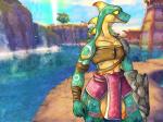 arm_wraps armor blurred_background bottomwear claws clothing gauntlets gloves green_body green_scales handwear horn leather loincloth looking_aside male outside plant scales sky solo tattoo tree water waterfall wraps yellow_eyes yellow_underbelly thatpurplemoth_(artist) nintendo skyward_sword the_legend_of_zelda kixl_(character) lizalfos lizard reptile scalie