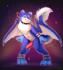3_fingers 3_toes animal_genitalia animal_penis anthro bedroom_eyes belly biped blue_arms blue_body blue_fur blue_markings blush bodily_fluids bottomless cetacean_genitalia cetacean_penis choker clothed clothing collar countershade_torso countershading digitigrade dripping erection feet fingers fluffy fluffy_tail front_view fur furry_tail genital_fluids genital_slit genitals gloves_(marking) head_markings heart_symbol horn jewelry leaking_precum leaning leaning_backward leg_markings looking_at_viewer male markings membrane_(anatomy) membranous_wings midriff motion_lines motion_outline multi_ear multicolored_body multicolored_fur narrowed_eyes navel neck_tuft necklace nude pawpads paws penile penis pink_penis pointy_ears pose precum precum_drip seductive simple_background slim smile socks_(marking) solo standing striped_markings stripes symbol tail tail_fluff tail_tuft tapering_penis tapering_tail teeth text thick_tail throbbing toes topless tuft two_tone_body two_tone_fur two_tone_tail two_tone_wings white_belly white_body white_fur white_horn wide_hips wings yellow_eyes yellow_markings yellow_pawpads yellow_stripes mikapoofs mythology mika_(mikapoofs) dragon furred_dragon furred_scalie mythological_creature mythological_scalie scalie english_text hi_res pinup