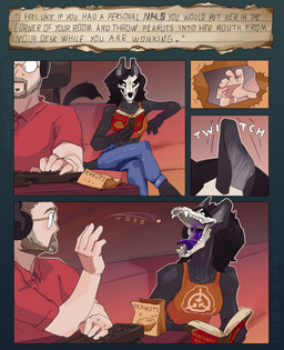 anthro beard biped black_body black_fur black_hair black_sclera blue_bottomwear blue_clothing blue_jeans blue_pants bone book bottomwear brown_beard brown_facial_hair brown_hair clothing crossed_legs denim denim_bottomwear denim_clothing duo ear_twitch electronics eyewear facial_hair fangs female food fruit fur glasses hair headphones jeans keyboard legume male male_human open_mouth orange_clothing orange_shirt orange_tank_top orange_topwear pants peanut_(food) plant purple_tongue reading reading_book red_clothing red_shirt red_topwear shirt sitting skull skull_head slice_of_life tail tail_tuft tank_top teeth text throwing_food tongue topwear tuft white_eyes bokdan0 scp_foundation scp-1471-a canid canine human malo mammal 2025 comic digital_media_(artwork) english_text hi_res