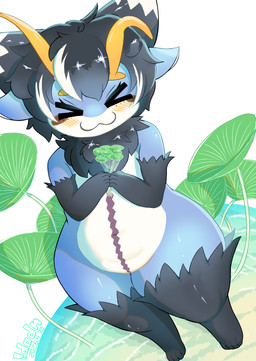 4_ears 5_fingers antennae_(anatomy) anthro beach black_body black_ears black_fur black_hair blue_body blue_ears blush brown_markings curly_hair eyebrows eyelashes eyes_closed facial_markings female fingers fluffy fur fur_tuft hair head_markings kemono markings multi_ear multicolored_body multicolored_ears navel purple_markings sea_grass short_hair slightly_chubby smile solo thick_thighs tuft white_body wide_hips x3 yellow_antennae !dodn erro_(!dodn) aquatic aquatic_gastropod gastropod mollusk sea_snail snail hi_res