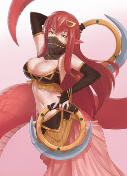 4_fingers accessory amber_eyes apode armwear bedroom_eyes belly_dancing big_breasts bikini bikini_top black_armwear black_clothing black_topwear blade bottomwear bracelet breasts bridal_gauntlets cleavage clothed clothing dual_wielding eyelashes female fingers gold_(metal) gold_jewelry gradient_background hair hair_accessory half-closed_eyes hand_behind_head harem harem_outfit holding_object holding_weapon humanoid_hands humanoid_pointy_ears jewelry legless light_body light_skin long_hair looking_at_viewer monster_girl_(genre) narrowed_eyes navel pink_background pink_bottomwear pink_clothing pointy_ears pose red_body red_hair red_scales scales seductive serpentine simple_background skimpy skirt slim small_waist smile solo split_form swimwear tan_body tan_skin tight_clothing topwear translucent translucent_clothing two-piece_swimsuit veil ventral_scales weapon white_background jiffic monster_musume miia_(monster_musume) animal_humanoid draconcopode humanoid lamia reptile reptile_humanoid scalie scalie_humanoid snake snake_humanoid 2016 digital_media_(artwork) hi_res pinup