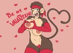 accessory anthro areola big_breasts breasts clothing female gesture gloves handwear headband heart_gesture hearts_around_body holidays kerchief legwear navel nipples one_eye_closed open_mouth solo tail tail_gesture tail_heart thigh_highs kareca valentine's_day kaoi_(kareca) haplorhine mammal monkey primate