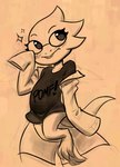 anthro blush clothed clothing coat eyewear female glasses heart_font heart_symbol lab_coat looking_aside overbite pomf shirt simple_background solo sparkles tan_background text text_on_clothing text_on_shirt text_on_topwear topwear young young_anthro young_female soulcentinel undertale undertale_(series) alphys lizard reptile scalie spot_color