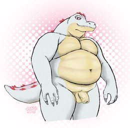 anthro balls belly big_belly countershading dotted_background flaccid foreskin genitals humanoid_genitalia humanoid_penis male nude overweight overweight_male pattern_background penis pink_background pink_eyes simple_background smile solo tan_body tan_countershading teeth unretracted_foreskin white_body jenokamui crocodile crocodilian reptile scalie hi_res