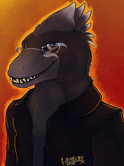 anthro black_body black_clothing black_fur black_topwear blue_eyes clothed clothing eyewear front_view fur glasses glistening glistening_eyes grin head_feathers looking_at_viewer male male_anthro open_clothing open_topwear rectangular_glasses simple_background smile solo topwear sketchy_shelby kour_(sketchy_shelby) dinosaur dromaeosaurid prehistoric_species reptile saurischian scalie theropod 3:4 bust_portrait hi_res portrait