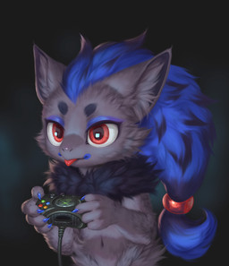 anthro black_body black_fur blep blue_body blue_fur blue_hair chest_tuft controller fur game_controller grey_body grey_fur hair inner_ear_fluff male navel red_eyes solo tongue tongue_out tuft xbox_controller silverfox5213 microsoft nintendo pokemon xbox xbox_game_studios aozora_(zoroark) generation_5_pokemon pokemon_(species) shiny_pokemon zoroark 2026 hi_res shaded