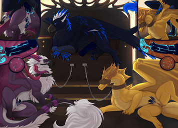 anus balls bdsm blue_body blue_cum blue_eyes blue_markings blue_penis bodily_fluids bondage bound cervical_contact chain chained collar colored_cum cum cum_in_uterus cum_in_vagina cum_inside cutaway doggystyle ejaculation feathered_wings feathers female female_penetrated feral from_behind_position fur genital_fluids genitals group horn impregnation internal internal_vaginal knot knotted_penis knotting male male/female male_penetrating male_penetrating_female markings muzzle_(object) muzzled open_mouth ovum penetration penile penile_penetration penis penis_in_vagina perching_position pink_vulva purple_body sex sperm_cell spread_legs spreading submissive tail trio unusual_bodily_fluids unusual_cum unusual_genital_fluids uterus vaginal vaginal_penetration vulva wings yellow_body conditional_dnp zenrii mythology avian dragon gryphon mythological_avian mythological_creature mythological_scalie scalie absurd_res hi_res