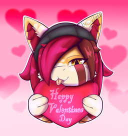 ambiguous_gender anthro beanie chibi clothing fangs fur hair hair_over_eye hat headgear headwear heart_symbol holding_object holidays inner_ear_fluff looking_at_viewer multicolored_body multicolored_fur one_eye_obstructed paws pink_background red_hair simple_background solo teeth text tongue tongue_out tuft two_tone_body two_tone_fur yellow_eyes dennhaze valentine's_day denise_(dennhaze) ailurid aquatic fish hybrid mammal red_panda shark english_text hi_res