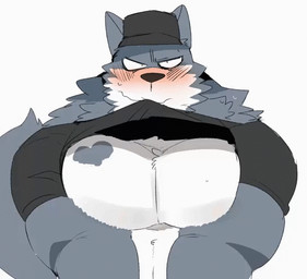 anthro barazoku blush chest_squish chest_tattoo clothed clothing fur fur_markings male markings muscular muscular_male pec_squeeze pec_squish pecs presenting raised_clothing raised_shirt raised_topwear shirt solo tattoo topwear hyaku_(artist) canid canine canis mammal wolf 2021 2d_animation animated frame_by_frame loop