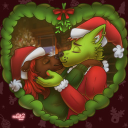anthro brown_body brown_fur christmas_clothing christmas_headwear clothing duo ear_piercing ear_ring ear_stud female fur green_body green_clothing green_fur green_sweater green_topwear hair hat headgear headwear holidays kiss_on_lips kissing love male mistletoe piercing plant red_clothing red_hair red_sweater red_topwear ring_piercing santa_hat sweater topwear naoto christmas bear brown_bear canid canine canis grizzly_bear mammal ursine wolf 1:1 absurd_res hi_res