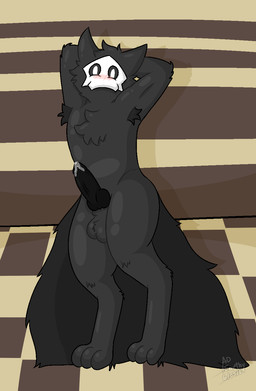 animal_genitalia animal_penis anthro armpit_hair balls big_tail black_penis blush blush_lines bodily_fluids body_hair canine_genitalia canine_penis dripping erection fur genital_fluids genitals glistening glistening_body hands_behind_head knot latex leaking_precum looking_at_viewer male pattern_background penis precum precum_drip presenting simple_background solo tail earthwormgd changed_(video_game) puro_(changed) canid canine canis goo_creature mammal wolf hi_res