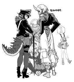 accessory anthro arm_warmers armwear barefoot black_hair boots bottomwear clothing ear_fins fanny_pack feet female fin footwear garter gloves group hair handwear hat headgear headwear high_heeled_boots high_heels hotpants legwear leotard lizard_tail long_hair long_sleeve_shirt miniskirt number pants pointy_ears ponytail shirt shoes short_hair shorts skirt socks stirrup_legwear stirrup_stockings stockings text tied_hair topwear tuxedo_vest unusual_clothing visor_cap white_hair ssambatea asian_mythology east_asian_mythology japanese_mythology mythology animal_humanoid demon human humanoid lizard_humanoid mammal oni reptile reptile_humanoid scalie scalie_humanoid yokai hi_res monochrome sketch