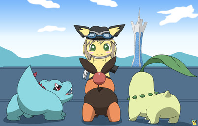 anthro black_body black_fur blue_body butt clothing eyewear eyewear_on_head feral fur goggles goggles_on_head green_body green_eyes group hat hat_only headgear headgear_only headwear headwear_only logo mostly_nude orange_body orange_fur red_eyes scarf yellow_body pichu90 nintendo pokemon pokemon_legends_z-a sparks_pichu chikorita generation_2_pokemon generation_5_pokemon pichu pokemon_(species) tepig totodile artist_logo