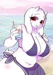 2019 anthro beverage big_breasts bikini bikini_top bovid breasts caprine cleavage clothed clothing drinking_straw eyelashes female fur glass goat horn huge_breasts ice_cube long_ears mammal navel outside red_eyes sea skimpy snow_angel_(artist) solo swimwear toriel two-piece_swimsuit undertale undertale_(series) water white_body white_fur