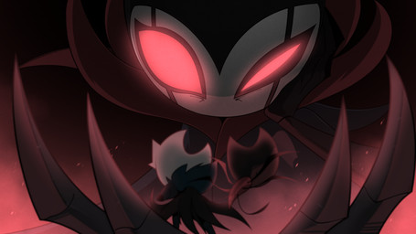 ambiguous_gender anthro biped cloak clothed clothing fingers group looking_at_another red_eyes standing trio negasimon hollow_knight_(franchise) team_cherry grimm_(hollow_knight) grimmchild_(hollow_knight) arthropod vessel_(species) 16:9 2026 absurd_res hi_res widescreen