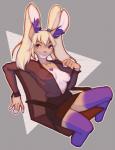 anthro biped blonde_hair breasts clothed clothing digital_media_(artwork) female flashing hair hi_res junebuq lagomorph leporid looking_at_viewer mammal nipples rabbit shaded sitting smile solo