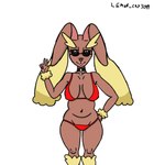 anthro bikini breasts brown_body brown_fur clothed clothing eyewear female food fruit fur generation_4_pokemon hi_res lagomorph lemon_cry3244 lopunny mammal nintendo partially_clothed plant pokemon pokemon_(species) slightly_chubby solo sunglasses swimwear two-piece_swimsuit