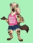 2018 anthro bottomwear claws clothed clothing denim denim_clothing digital_media_(artwork) english_text eyeshadow faintsun female fur hair hi_res hyena inner_ear_fluff looking_at_viewer makeup mammal notched_ear shirt shorts simple_background smile solo spotted_hyena tank_top text tongue tongue_out topwear tuft yellow_sclera