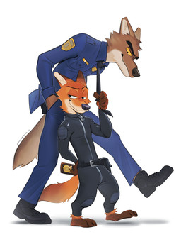 5_fingers anthro badge bent_over bodysuit bottomwear brown_body clothed clothing clothing_pull duo eyebrows feet fingers footwear fur holding_badge holding_necktie holding_object kemono looking_at_viewer male necktie necktie_pull pants police police_badge police_officer police_uniform shoes simple_background size_difference skinsuit smile standing tail tight_clothing toes topwear uniform zipper canyne_khai disney dreamworks the_bad_guys zootopia mr._wolf_(the_bad_guys) nick_wilde canid canine canis domestic_dog fox mammal red_fox true_fox wolf crossover digital_media_(artwork) hi_res