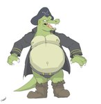 anthro belly belt big_belly boots claws clothing ear_piercing footwear green_body green_skin hat headgear headwear jacket male navel nipple_piercing nipples outie_navel overweight piercing pirate pirate_hat pirate_outfit sharp_teeth shoes simple_background solo teeth topwear white_background canson donkey_kong_(series) nintendo crocodilian kremling reptile scalie 2021 absurd_res hi_res