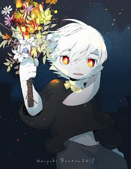 anthro bouquet flower flower_bouquet fur hair looking_at_viewer male orange_eyes plant slim_anthro slim_male solo white_body white_fur white_hair oouyuki_benten lagomorph leporid mammal rabbit 2017