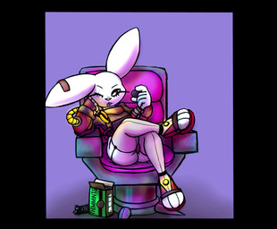 anthro butt chair clothing cookie cybernetic_arm cybernetic_limb cybernetics eye_scar facial_scar female food furniture legwear machine scar sitting solo stockings cyborg lagomorph leporid mammal rabbit hi_res
