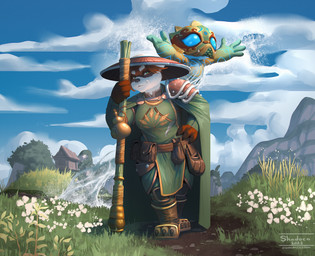 anthro armor boots breasts cape claws clothing cloud day duo female footwear fur grass green_cape green_clothing hair headgear helmet holding_object holding_staff looking_aside looking_up magic mountain outside pauldron plant pouch_(clothing) red_hair shoes smile solo staff white_body white_fur shadoca blizzard_entertainment warcraft bear mammal pandaren 2025 hi_res